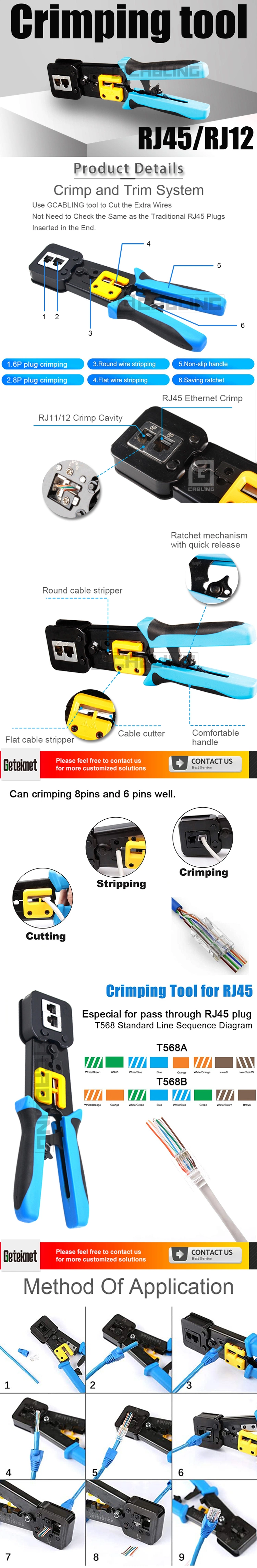 Gcabling 8p8c Pass Through Connector Cable Sleeve Cable Ferrules Cable Lugs RJ45 Crimping Network Tool